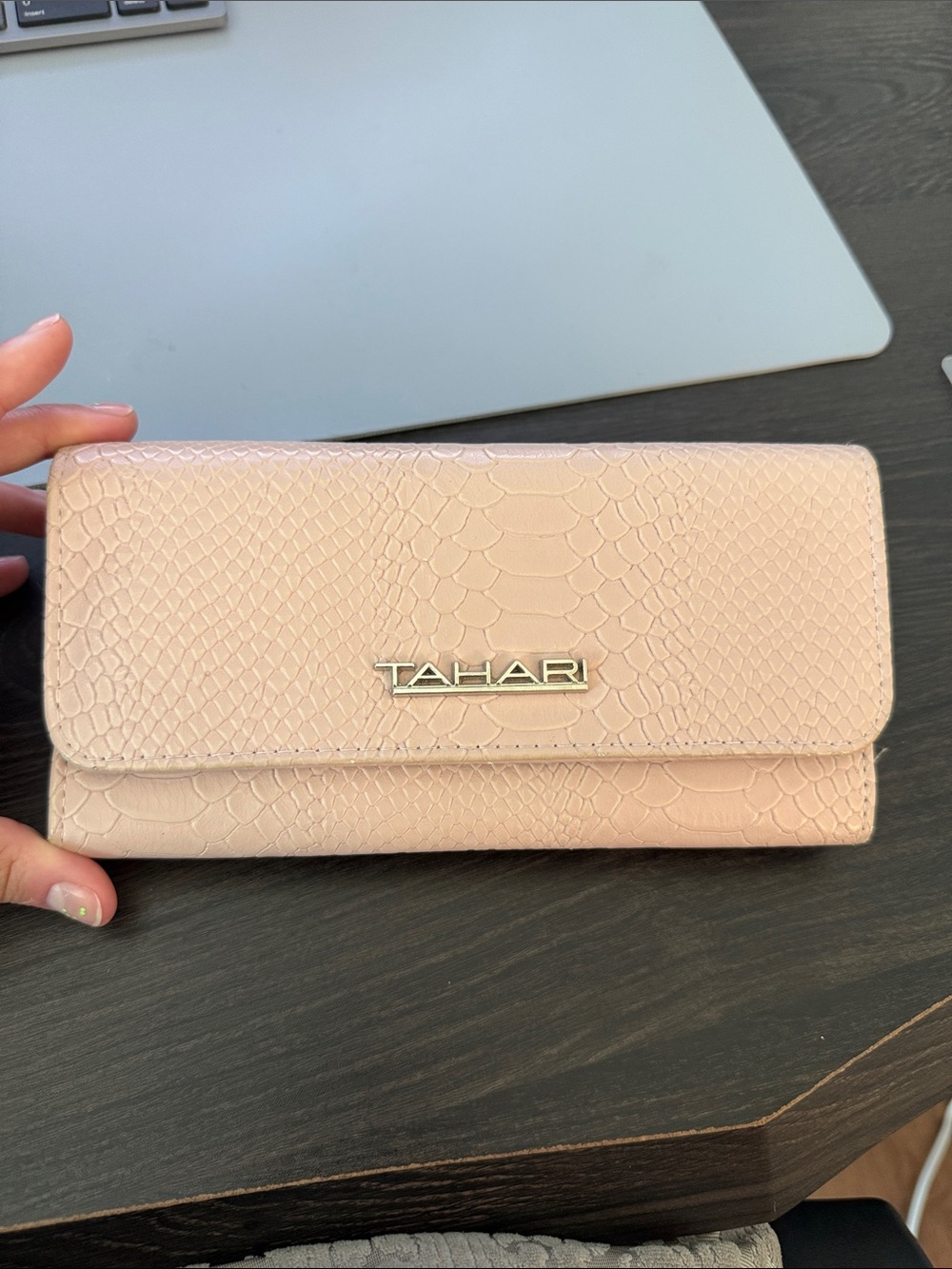 Tahari Pale Pink Faux Snakeskin Flap Wallet